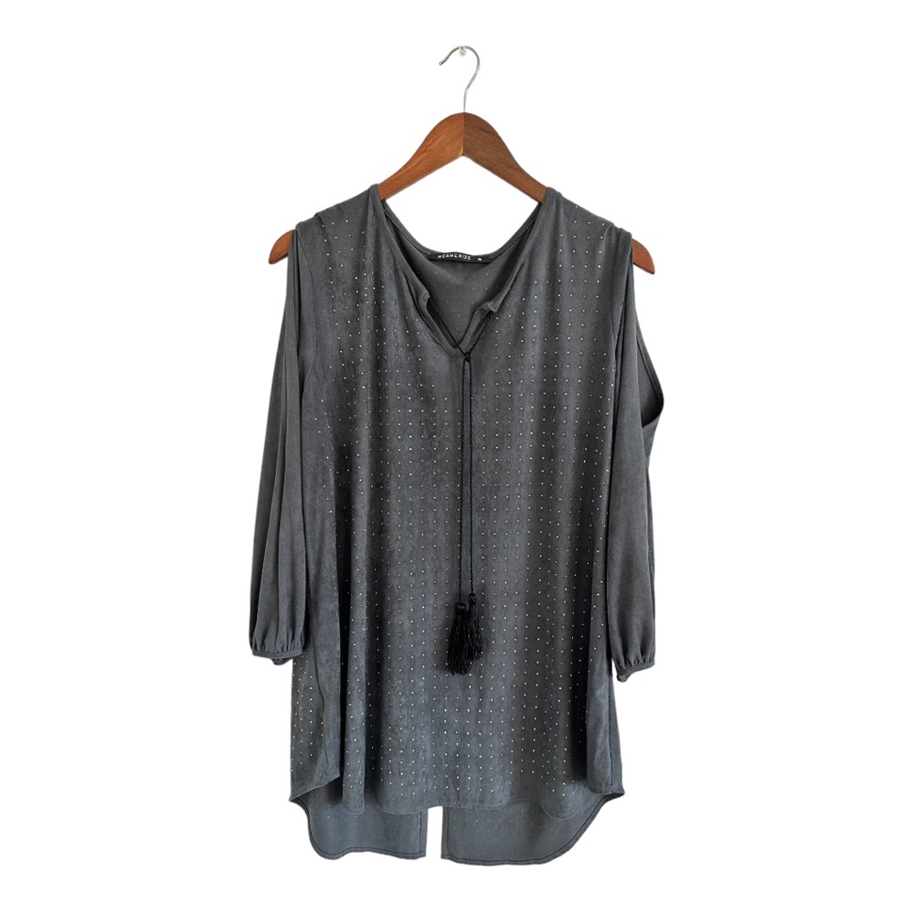 MESMERIZE size medium gray long sleeve with shoulder cut outs small rhinestones